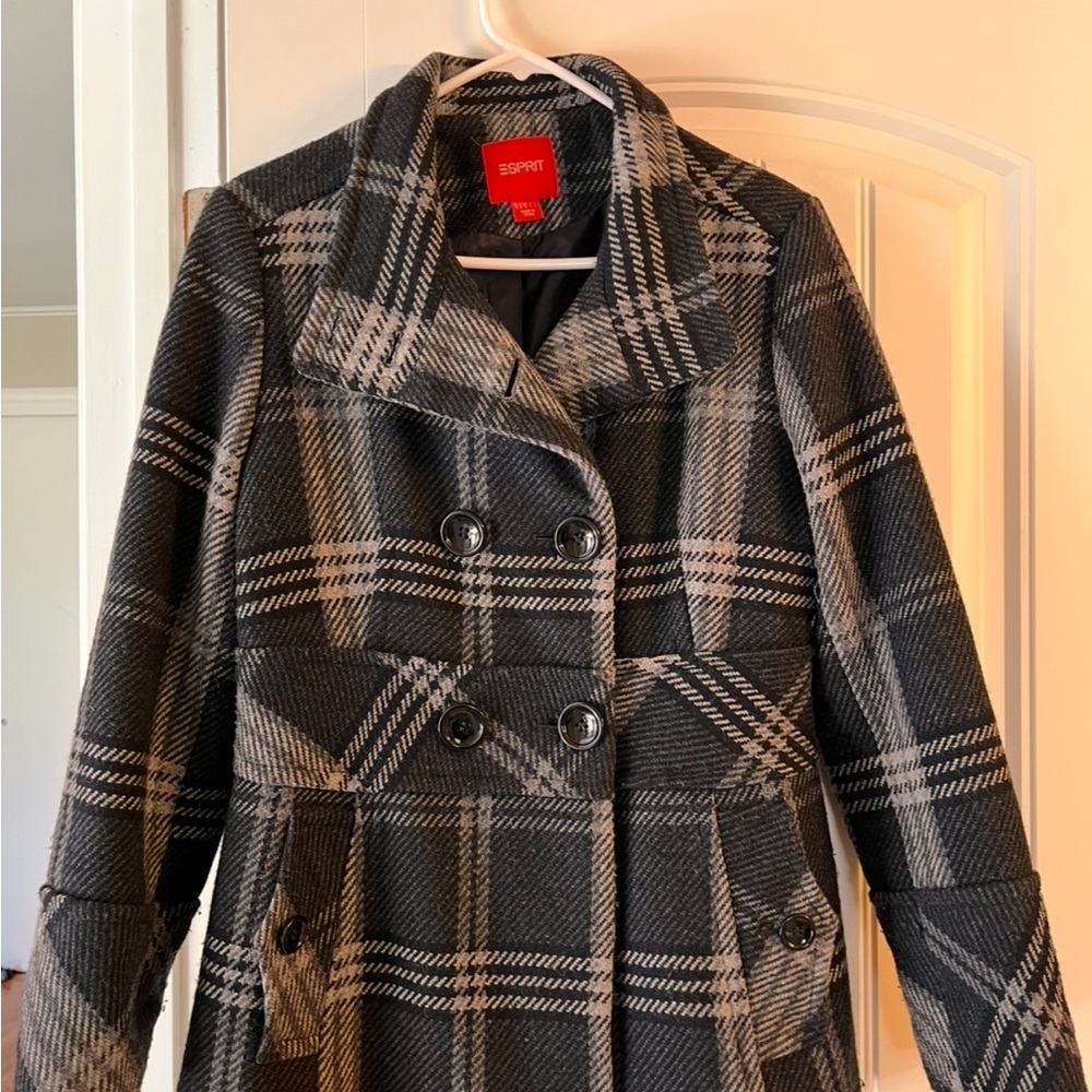 Esprit Women's Charcoal Plaid Pea Coat